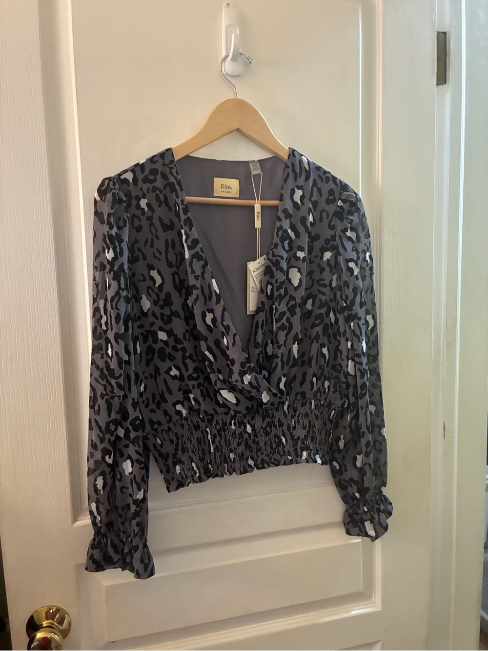 Elle Grey and Black Leopard-Print V-Neck Smocked Waist Blouse